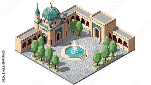 Isometric mosque architecture with courtyard and fountain