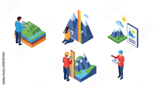 Isometric geology and topography exploration with scientists analyzing 3d landscapes
