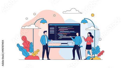 Team of software engineers and developers reviews and discusses lines of code displayed on a large high resolution monitor.