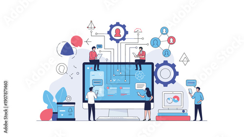 Collaborative tech team works around a central system monitor to manage complex digital processes and social network configurations.