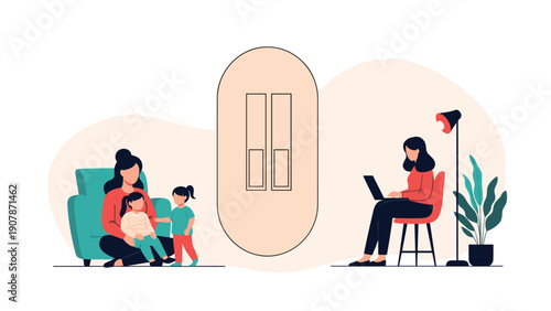 Split scene illustrates the different daily roles of a focused remote worker on her laptop and a caring mother with her children.