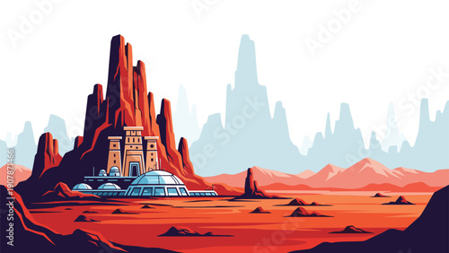 Scientifically advanced base is established among the red jagged mountains of a Martian landscape under a bright white sky.