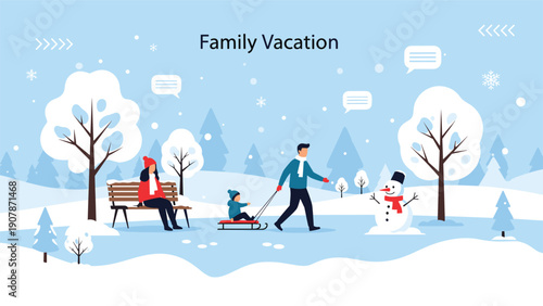 Family enjoys a memorable winter vacation outdoors sledding in the snow beside a friendly snowman in a beautiful landscape.