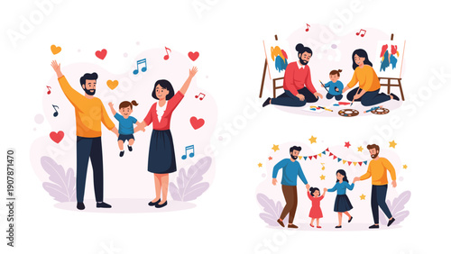 Joyful family moments are shared through activities like singing together, painting on canvases, and dancing in a festive setting.