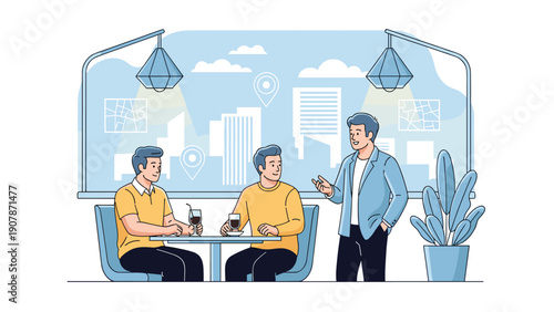 Group of friends meets at a stylish indoor cafe to discuss their urban travel plans while referencing city maps on the wall.