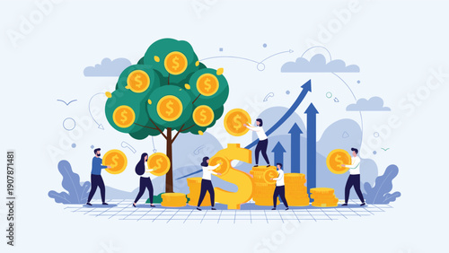 Diverse group of people collaborates to harvest gold coins from a money tree representing financial growth and investment success.