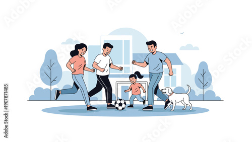 Happy family with their dog enjoys an active afternoon playing soccer together on the lawn in front of their modern home.
