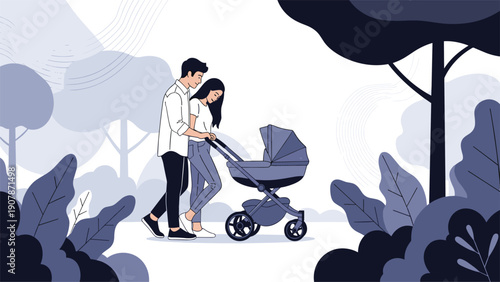 Happy young couple enjoying a peaceful walk with their baby in a stroller through a serene park with stylized trees and foliage.