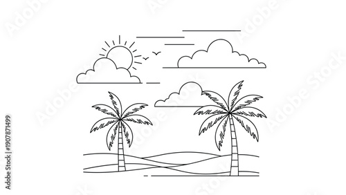Tropical beach landscape outline with palm trees and sun over sand dunes for coloring book or minimalist design projects.