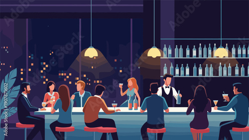 Group of stylish people socializes and enjoys cocktails at a long bar counter overlooking a sparkling city at night.