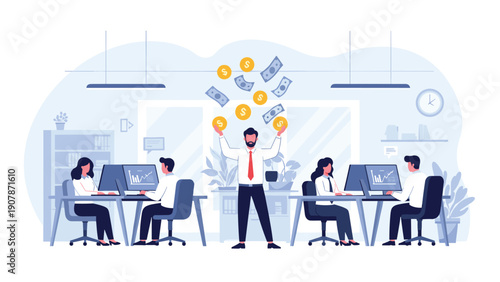 Successful manager celebrates as gold coins and banknotes fall from the sky in a productive modern office setting.