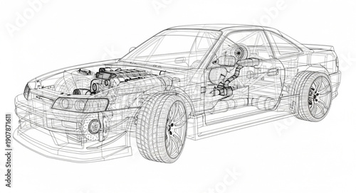 Detailed Car Blueprint Wireframe Illustration.