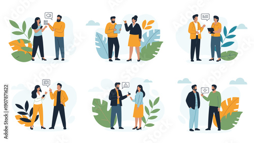 Collection of diverse pairs of professionals engaged in various conversations and collaborations in a stylized setting.