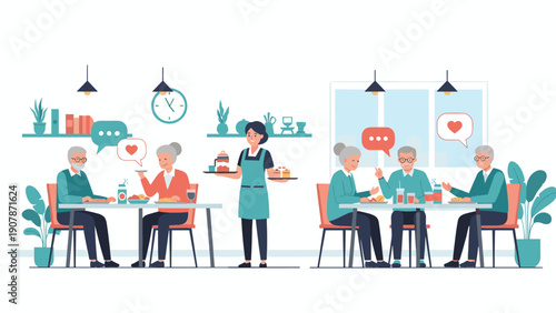 Groups of happy senior citizens enjoy a meal and conversation at a brightly lit modern restaurant with table service.