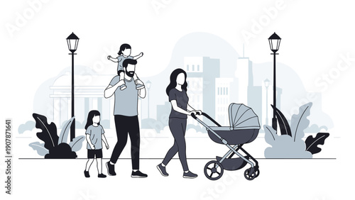 Black and white illustration of a family taking a leisurely walk in a city park with their young children and a stroller.