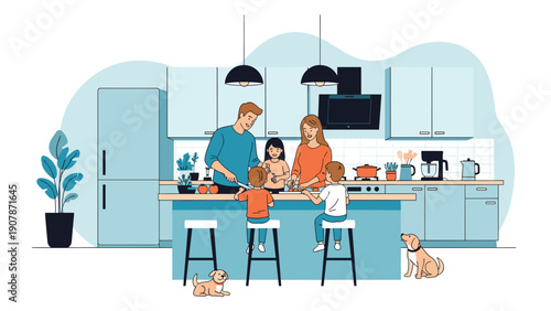 Happy family with three children prepares a meal together at a large kitchen island in a modern, well-equipped kitchen.
