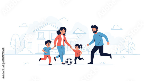 Happy family of four plays soccer together on the front lawn of their beautiful suburban two-story home.