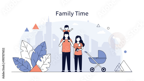 Stylized illustration of a happy family with two young children standing together under the heading Family Time.