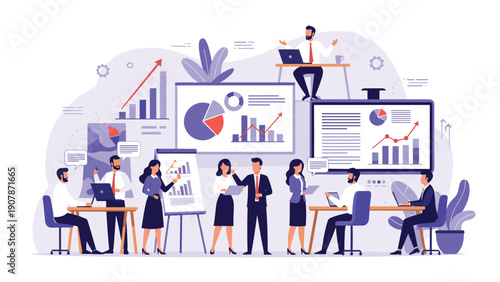 Diverse team of professionals works collaboratively in a busy multi-level office filled with data charts and graphs.