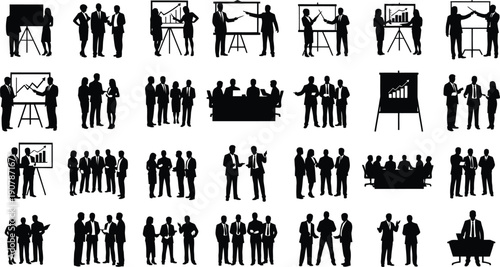 Business Presentation Meeting and Financial Data Analysis Silhouettes Vector