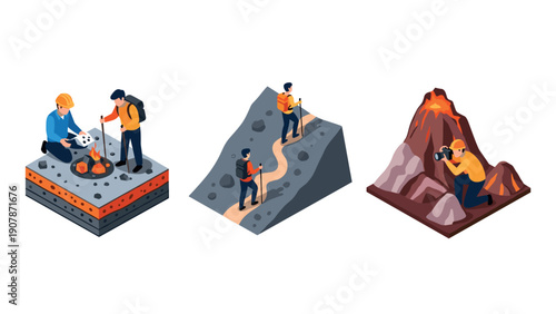 Geological exploration: isometric illustrations of researchers, hikers, and volcanic activity