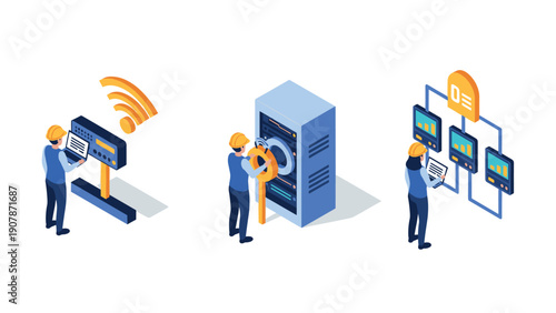 Isometric industrial automation process with engineers and machinery