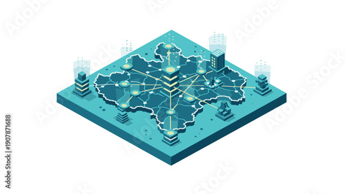 Futuristic smart city network in isometric design with digital connections