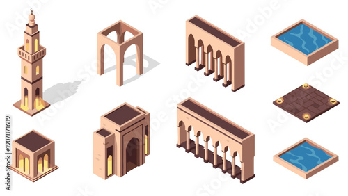 Isometric middle eastern architectural elements with pools and pathways