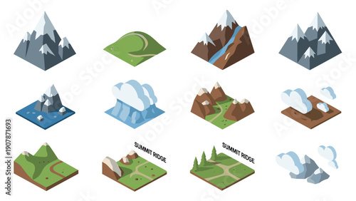 Isometric mountain landscapes with various natural elements