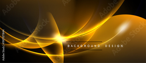Dynamic golden waves flow, creating bright abstract design. Dark background emphasizes luminous curves, elegant presentation.