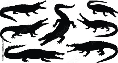 Set of black crocodile and alligator silhouettes isolated on white background, various predator reptile shapes for logo design, wildlife icons, and swamp animal vector illustrations