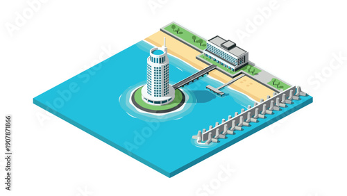 Modern beachfront urban architecture in isometric style