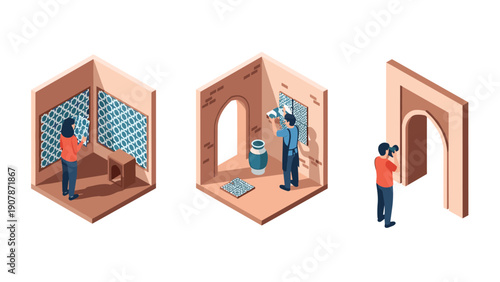 Isometric room renovation: tile installation process in three stages with workers