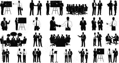 Business Presentation and Professional Team Meeting Silhouette Set