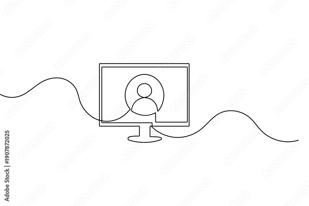 Obraz premium Desktop screen monitor continuous line illustration for minimalist workspace graphic design