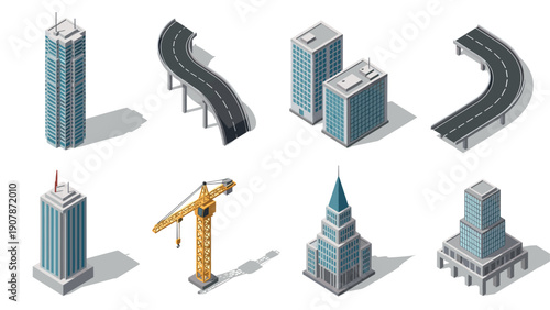 Isometric urban infrastructure elements: buildings, roads, and crane assets