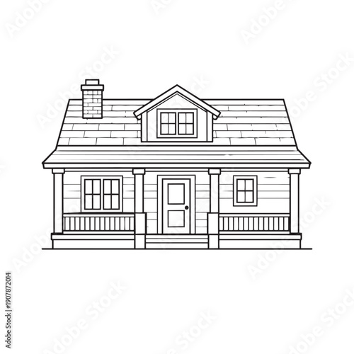 A simple line drawing of a house with a porch and chimney  illustration