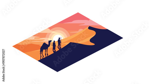 Isometric desert scene with silhouetted camel and travelers at sunset