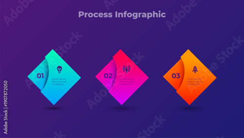 Three steps diamond process diagram with gradient blocks and icons on dark purple gradient background