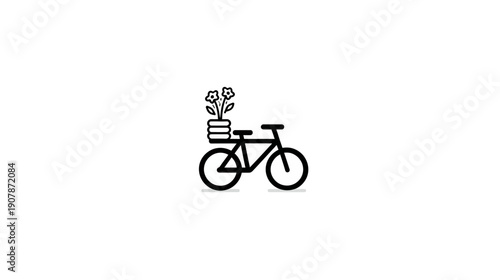 Black and white illustration of a bicycle carrying a pot of flowers. Simple and minimalist design