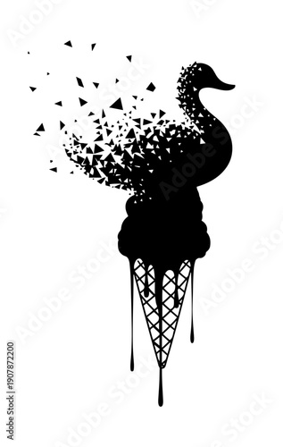 Surreal swan ice cream cone silhouette with geometric dispersion effect. Abstract melting bird dessert illustration. Splash street style art. For t shirt, card, banner, sticker, poster, apparel print.