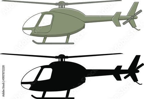 Flat vector illustration of a modern light utility helicopter shown in side profile with both color and black silhouette versions,