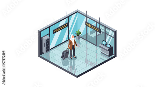Woman with luggage in airport waiting area isometric design