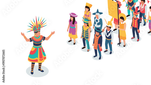 Colorful cultural parade with diverse traditional costumes in isometric design