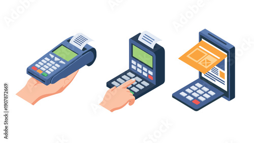 Isometric point of sale terminals with receipts and transactions