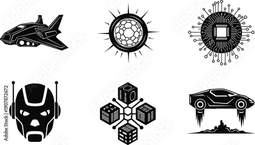 Futuristic technology silhouettes, spaceship aircraft, molecular energy sphere, AI microchip processor, robotic head, blockchain cubes, futuristic jet car, science, innovation, robotics