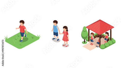 Isometric outdoor activities for children: playing, walking, relaxing in the park