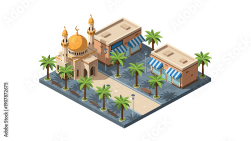Isometric middle eastern marketplace with mosque and palm trees