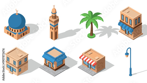 Isometric buildings and objects collection with middle eastern style elements