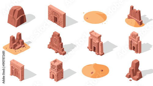 Isometric ancient ruins and desert sand: architectural structures set